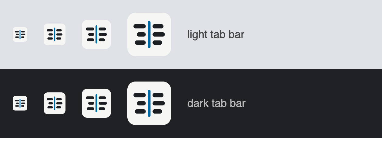 Battle of Ideas facing-columns favicon at 16, 24, 32 and 48 pixels on light and dark tab bars