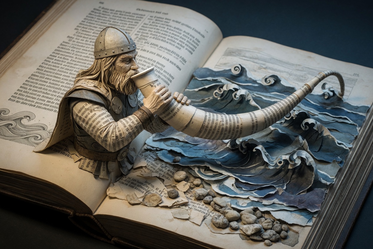 Paper sculpture of a figure drinking from the wide rim of a horn that becomes a paper sea on the open book