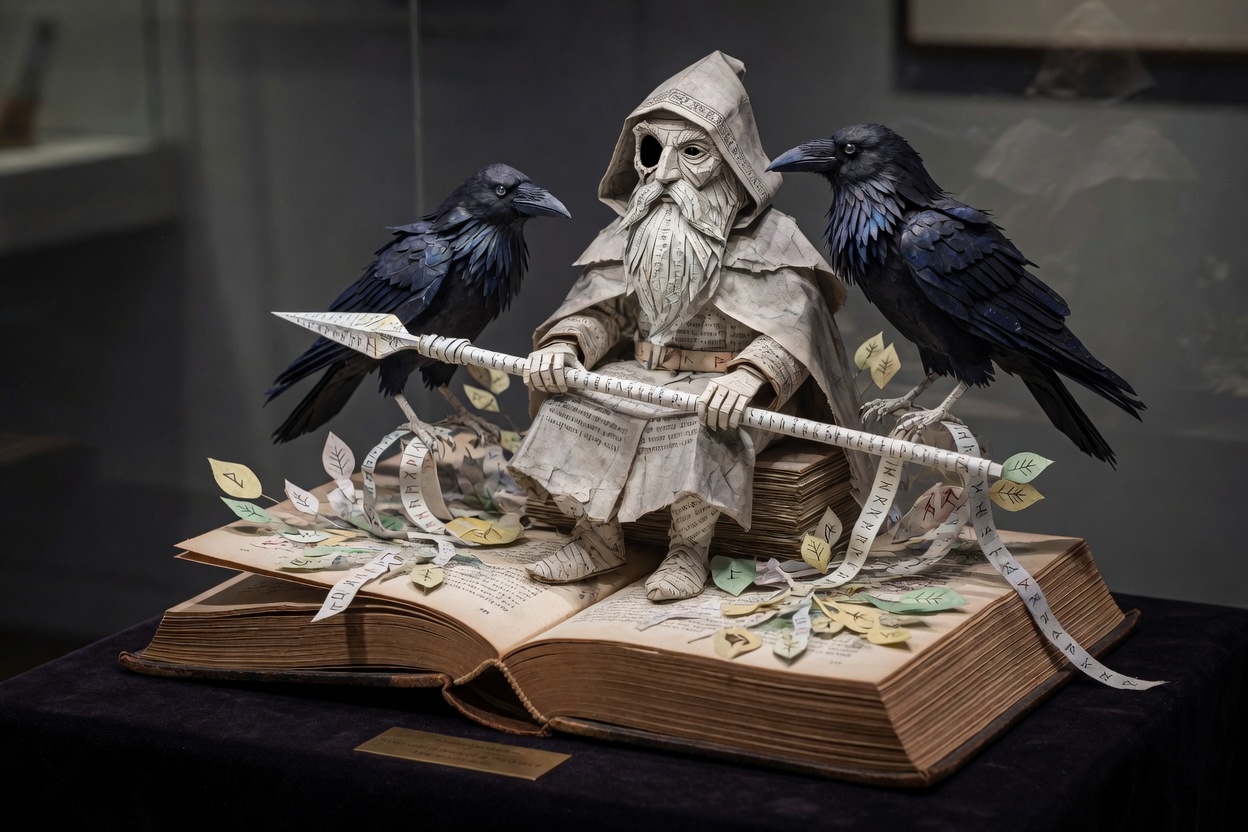 Paper sculpture of one-eyed Odin seated on an open book, spear across his lap, a raven at each side