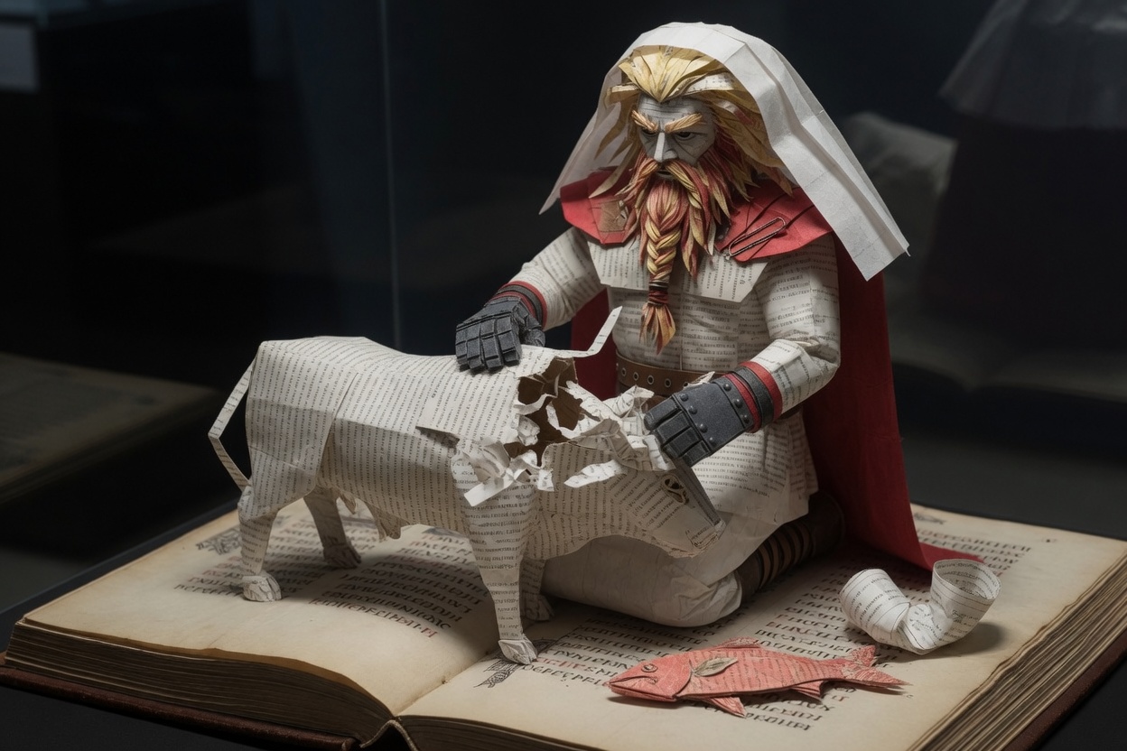 Paper sculpture of Thor in a bridal veil kneeling on an open manuscript, tearing a paper ox; a salmon lies on the page