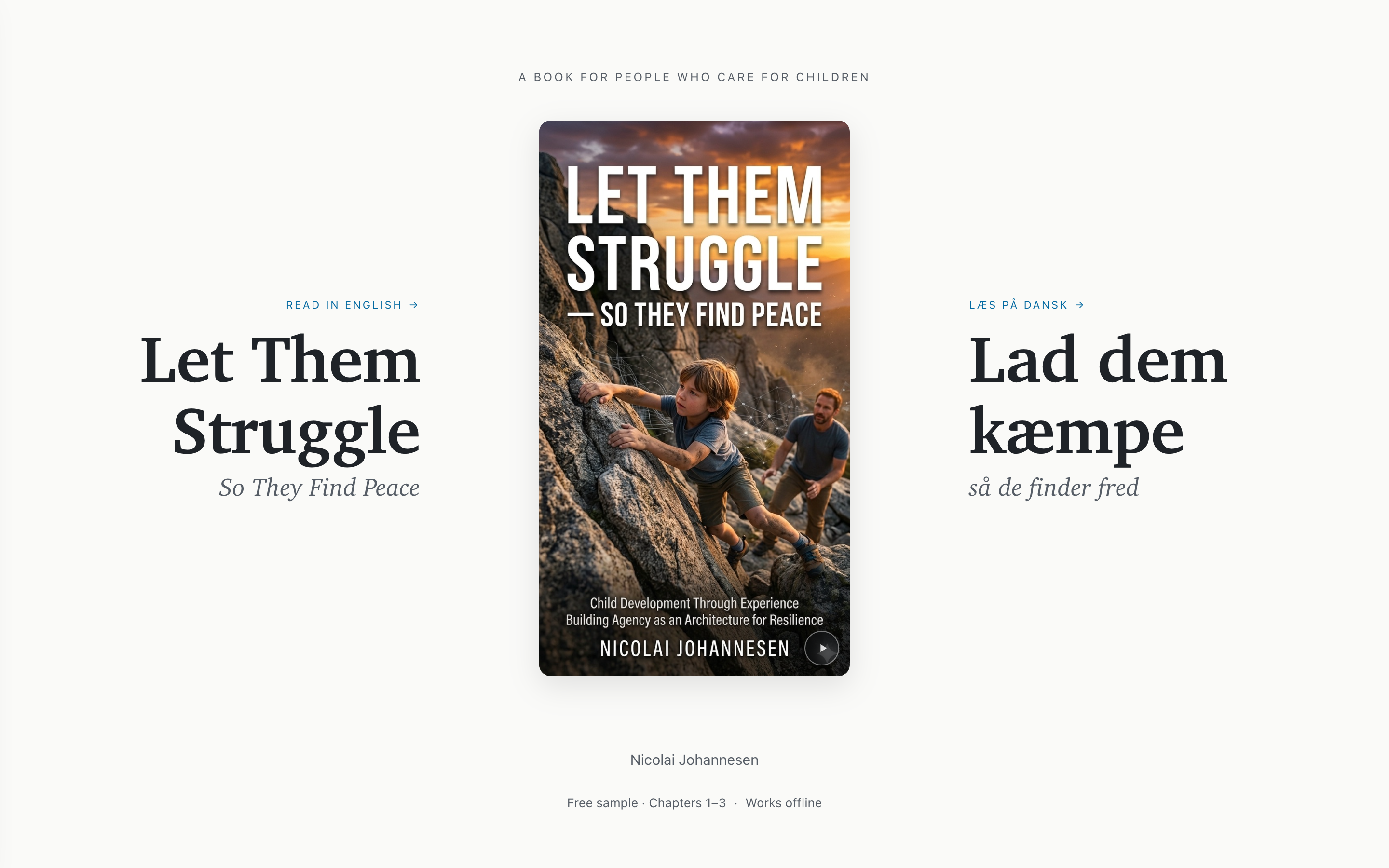 Let Them Struggle — the bilingual reader's front page: the cover at the centre, the title in English on the left and Danish on the right.