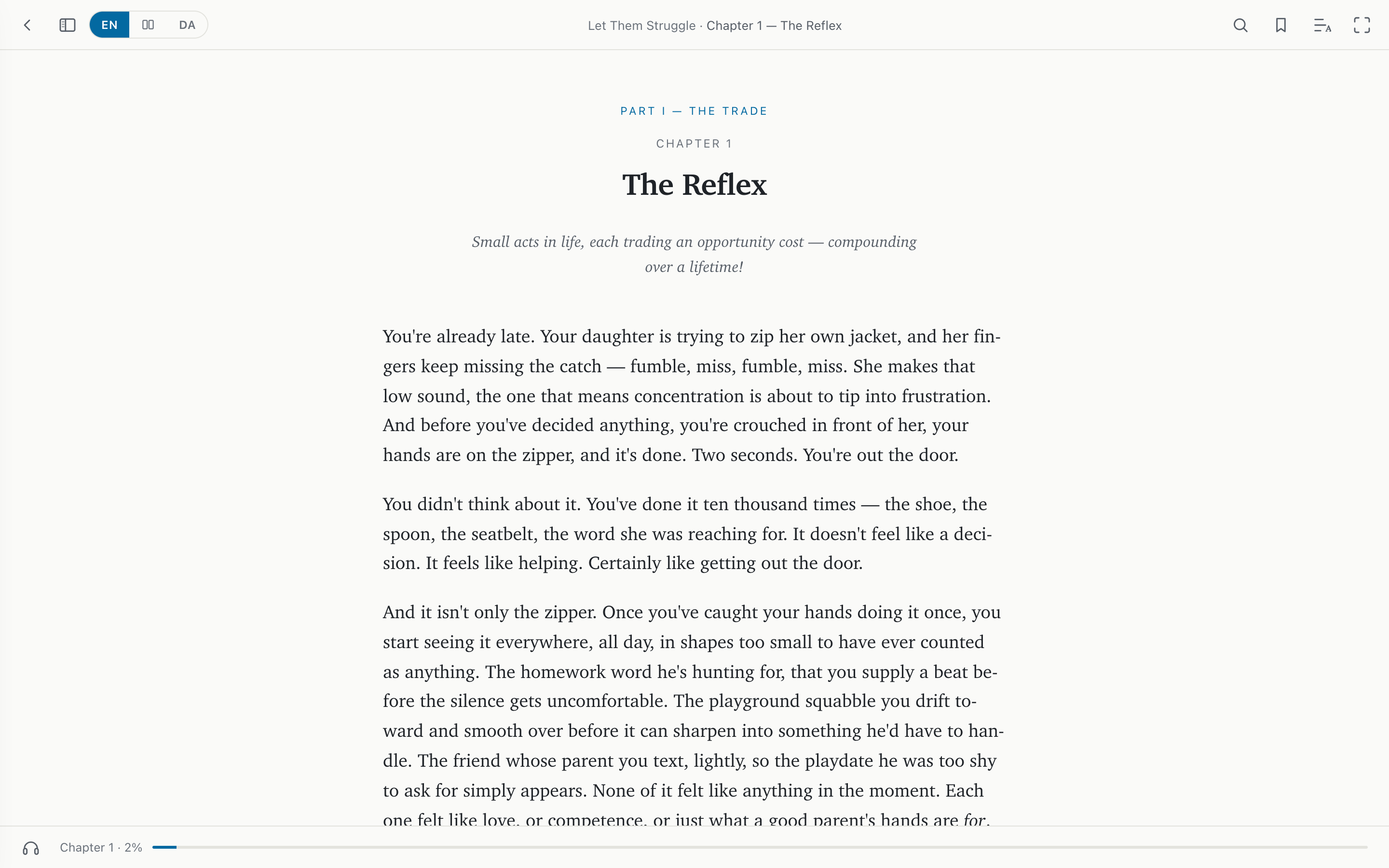 Chapter 1, The Reflex, open in the reader — the opening scene in clear prose, with a reading-progress bar at the foot.