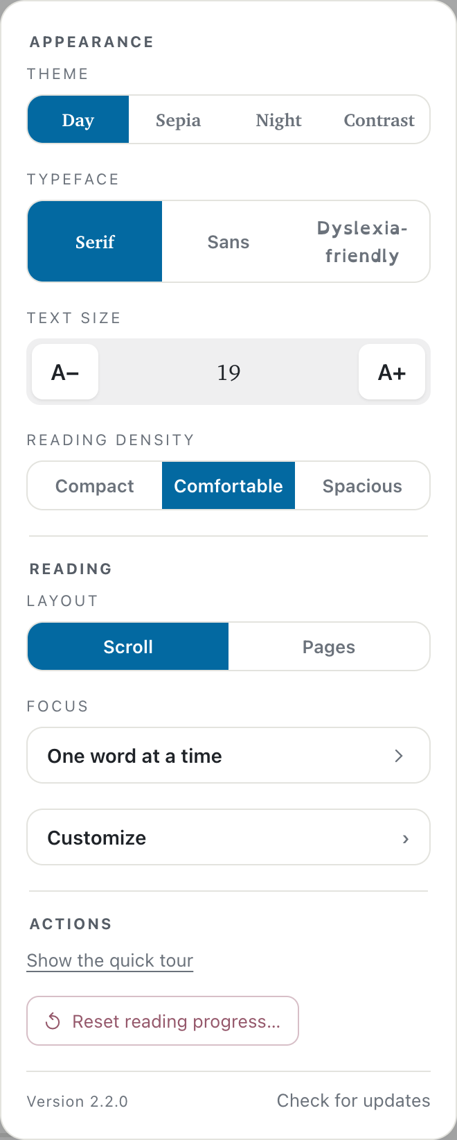 The reader's settings panel: grouped into Appearance, Reading, and Actions — a four-theme selector, three typefaces, a text-size stepper, reading-density presets, a Customize disclosure, and a set-apart Reset.